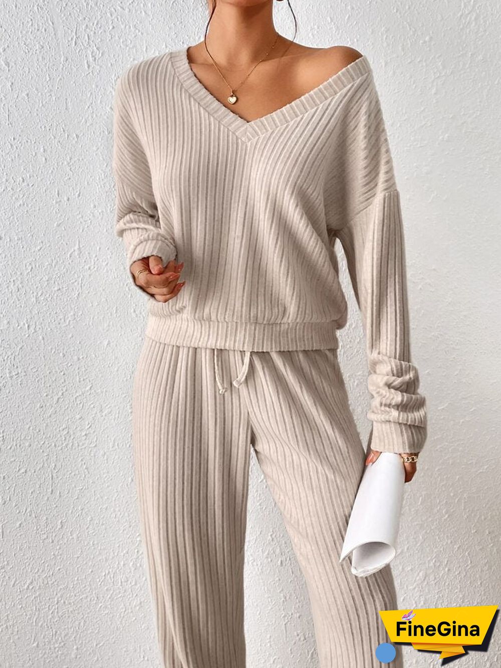 Khaki V-Neck Plain Two Piece Set