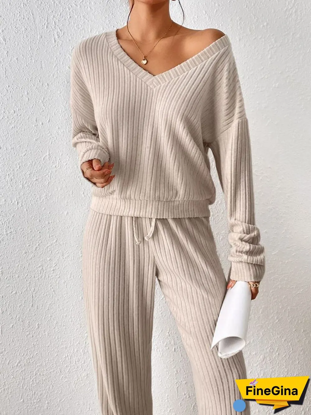 Khaki V-Neck Plain Two Piece Set
