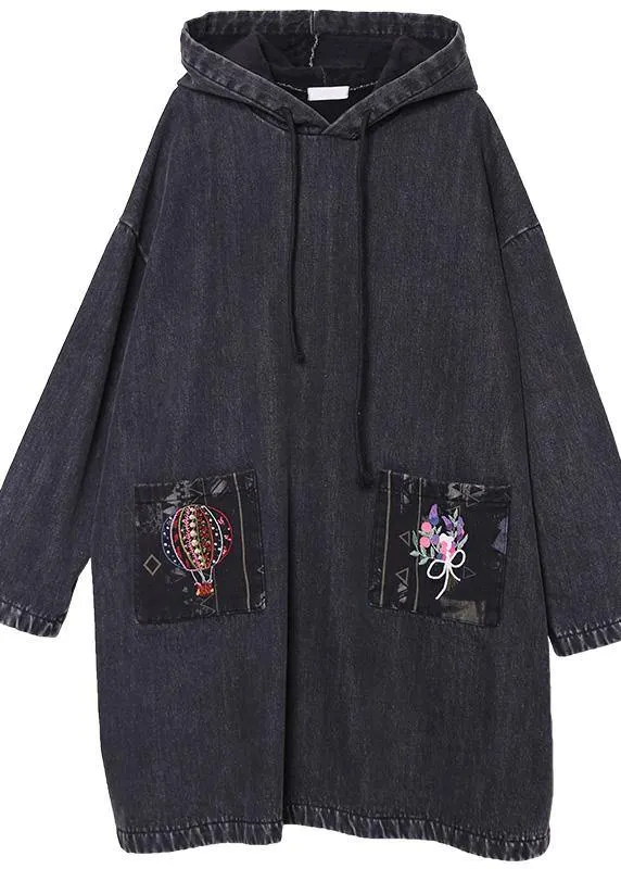 diy denim black embroidery Plus Size casual coats women hooded patchwork jackets