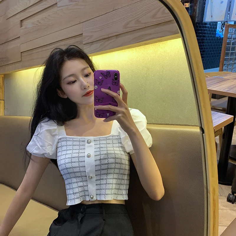 Brownm Brownm Niche T-Shirt Women's Summer Short Lantern Sleeve Collar Top Design With A Sense Of Minority Retro Plaid Shirt