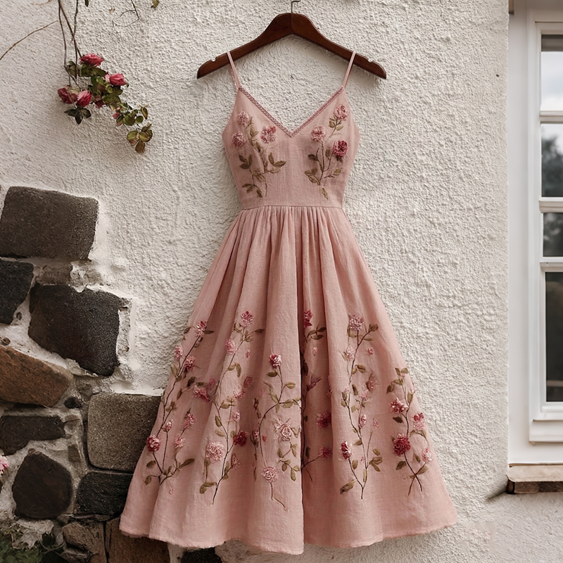 Women's Vintage Pink Roses Floral Art Flowy Linen Blend Casual Maxi Dress elevenforest