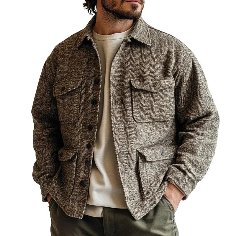 Men's Vintage Herringbone Lapel Multi-Pocket Loose Long Sleeve Overshirt