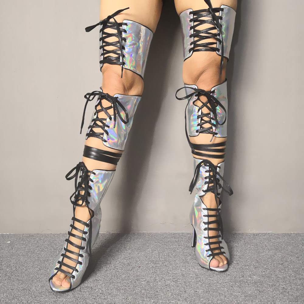 Silver Open Toe Stiletto Heels Thigh High Lace-Up Cutout Ankle Boots