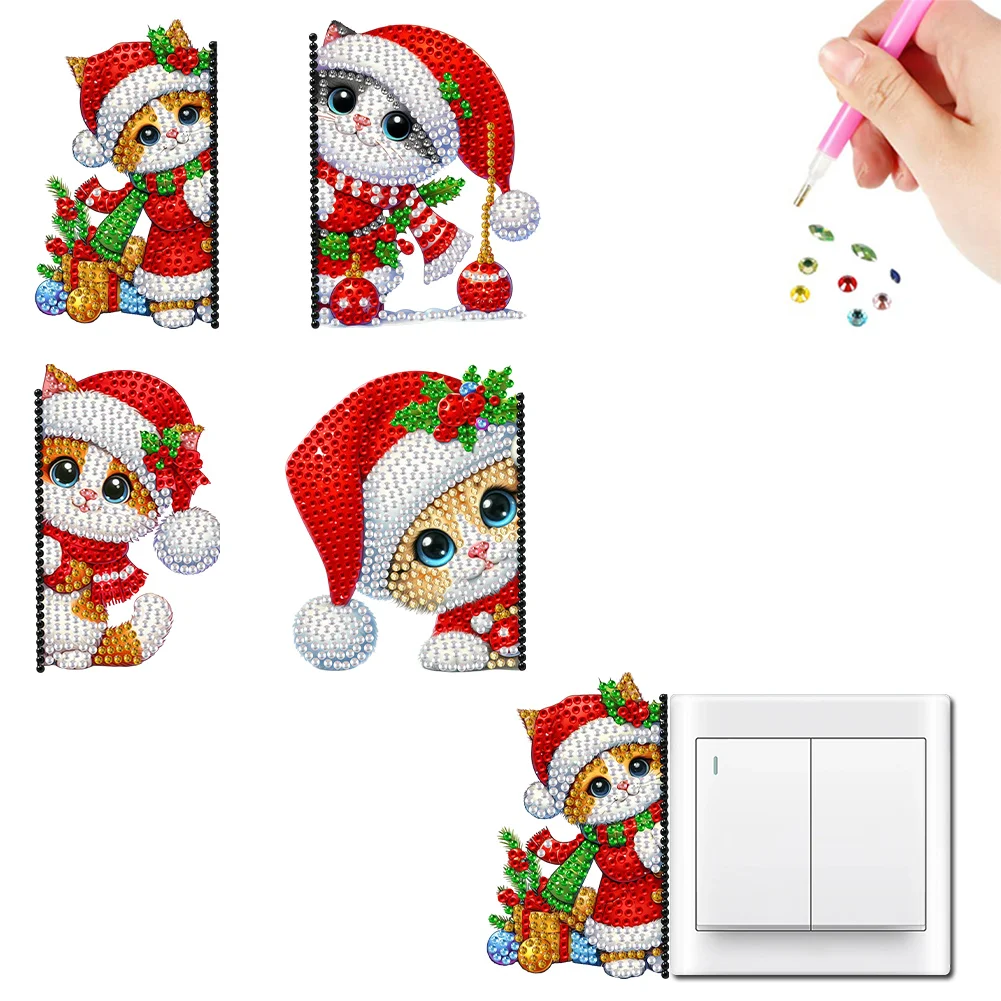 4Pcs Christmas Cat Acrylic 5D DIY Diamond Wall Switch Sticker for Wall Decoration