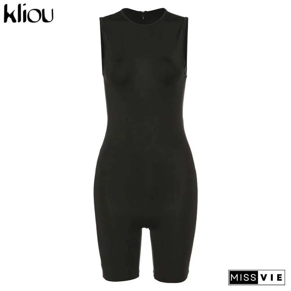 Kliou Zipper Rompers Women Summer Clothes Playsuits Sleeveless O-Neck Solid Casual Romper Slim Elastic Fitness Sportswear Outfit