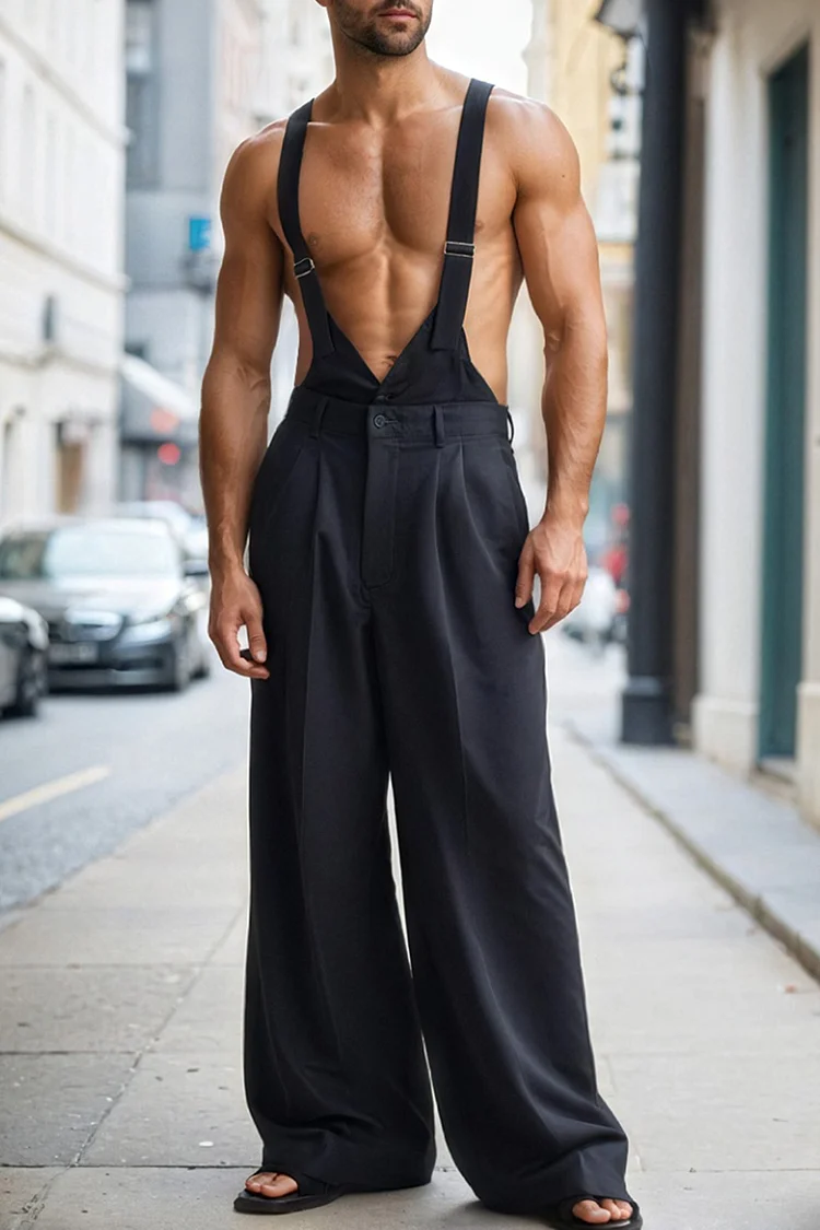 Men's Buckle Suspender Black Wide Leg Jumpsuit