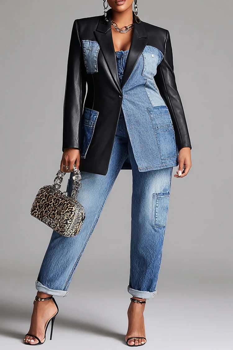 Xpluswear Design Plus Size Business Casual Blue Lapel Collar Long Sleeve Contrast Casual Cargo Denim PU Leather Two Piece Pant Suits [Pre-Order]