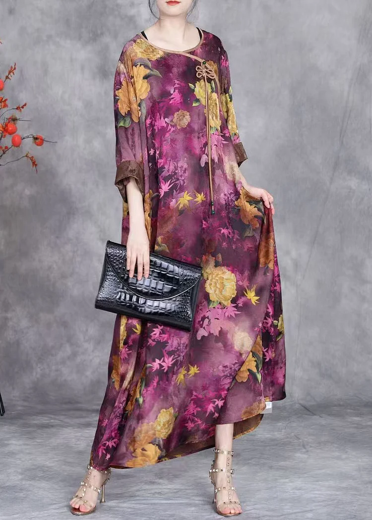 Italian Purple Tasseled Print Patchwork Silk Dress Half Sleeve