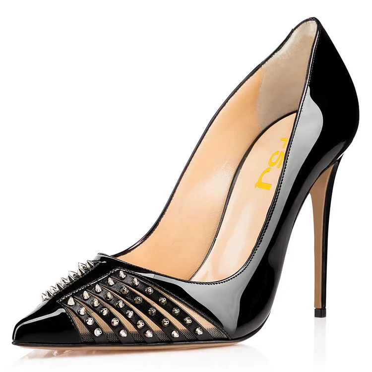 Black Rivets Pointy Toe Stiletto Heels Pump |FSJ Shoes