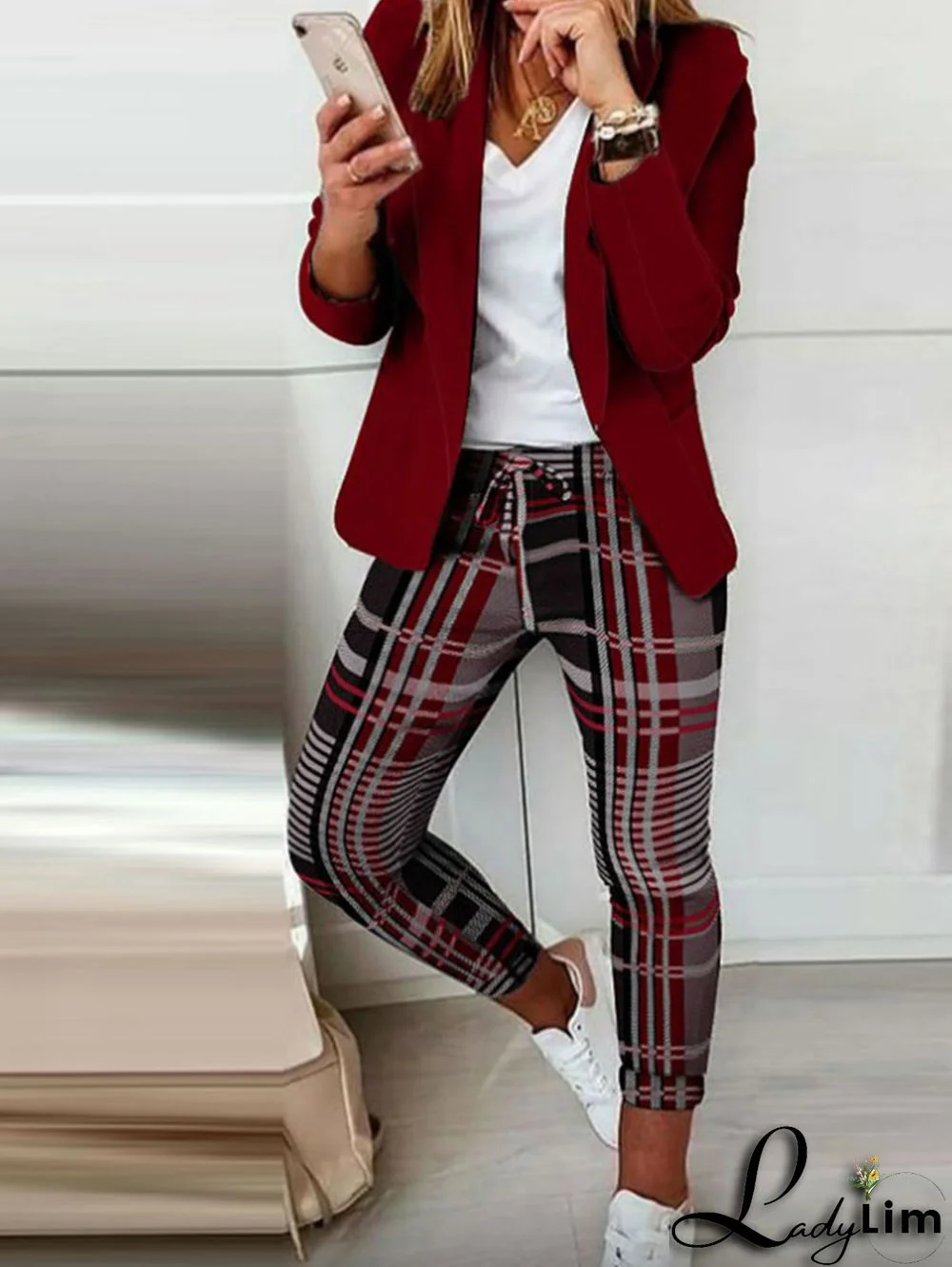 Casual Colorblock Allover Pattern Blazer & Pants 2 Pcs Set