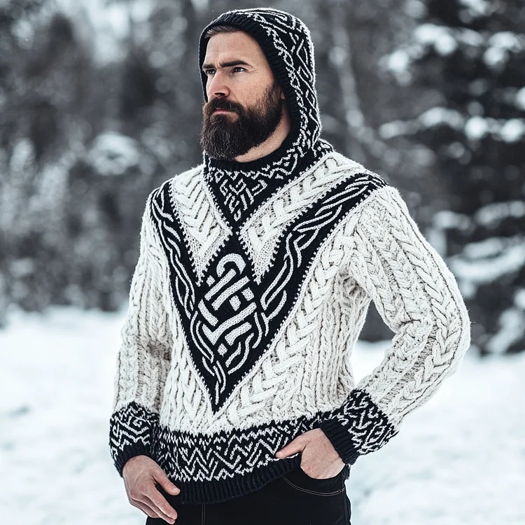 Men's Viking Celtic Contrast Cozy Knit Hooded Sweater