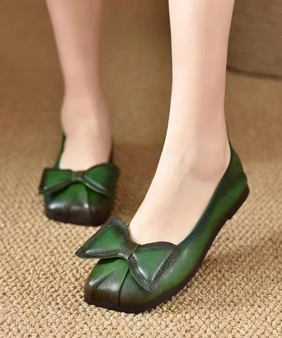Women Green Bow Cowhide Leather Comfortable Flats Shoes