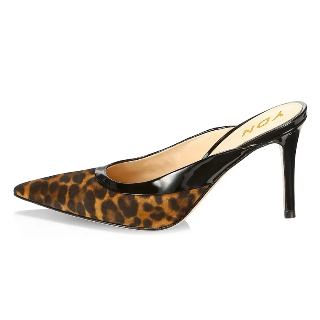 YDN Leopard Print Patchwork Pointed Toe Stiletto Heeled Mules