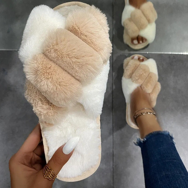 Newest Mixed Colors Fluffy Slippers Autumn Winter Home Slippers Women Furry Fur Slides Outdoor Women's Sandals 2021 Flip Flops