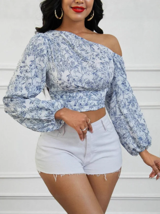 Nigikala Nigikala Women's Short Blue Broken Flowers With Asymmetric Shoulder Bubble Sleeve Shirt Autumn Women's Clothing