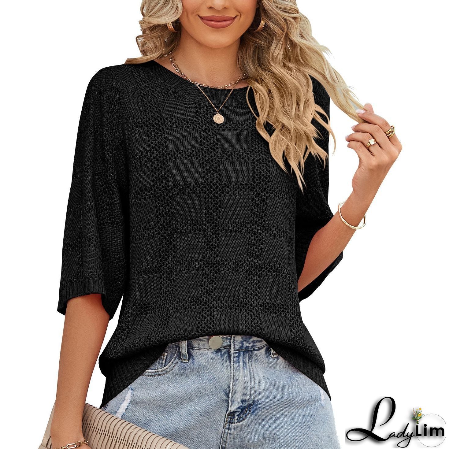 Women's Round Neck Hollowed Out Sun Protection Shirt Knitted Sweater Cover Up