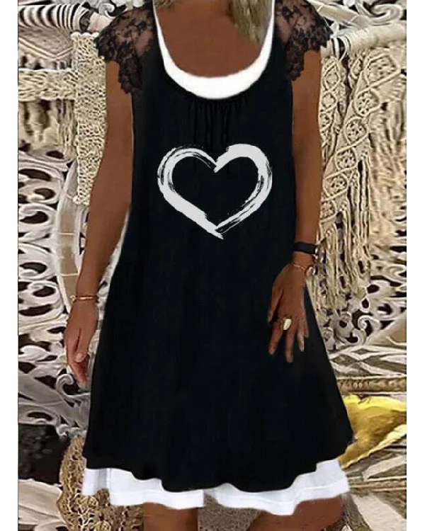 Fake Two Piece Printed Crew Neck Lace Dress