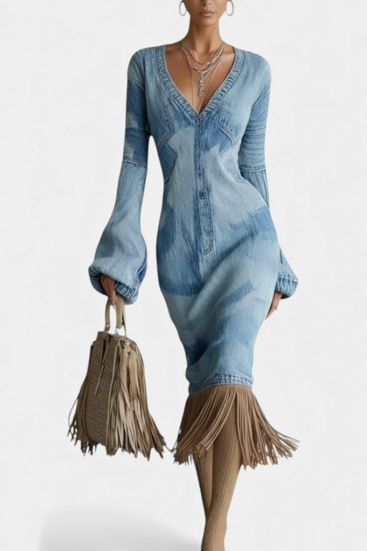 Denim-Look Midi Dress with Bell Sleeves & Fringe Hem