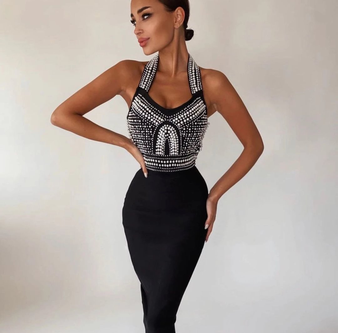 Sleeveless beaded rhinestone elegant halter paneled bodycon party dress-zachics