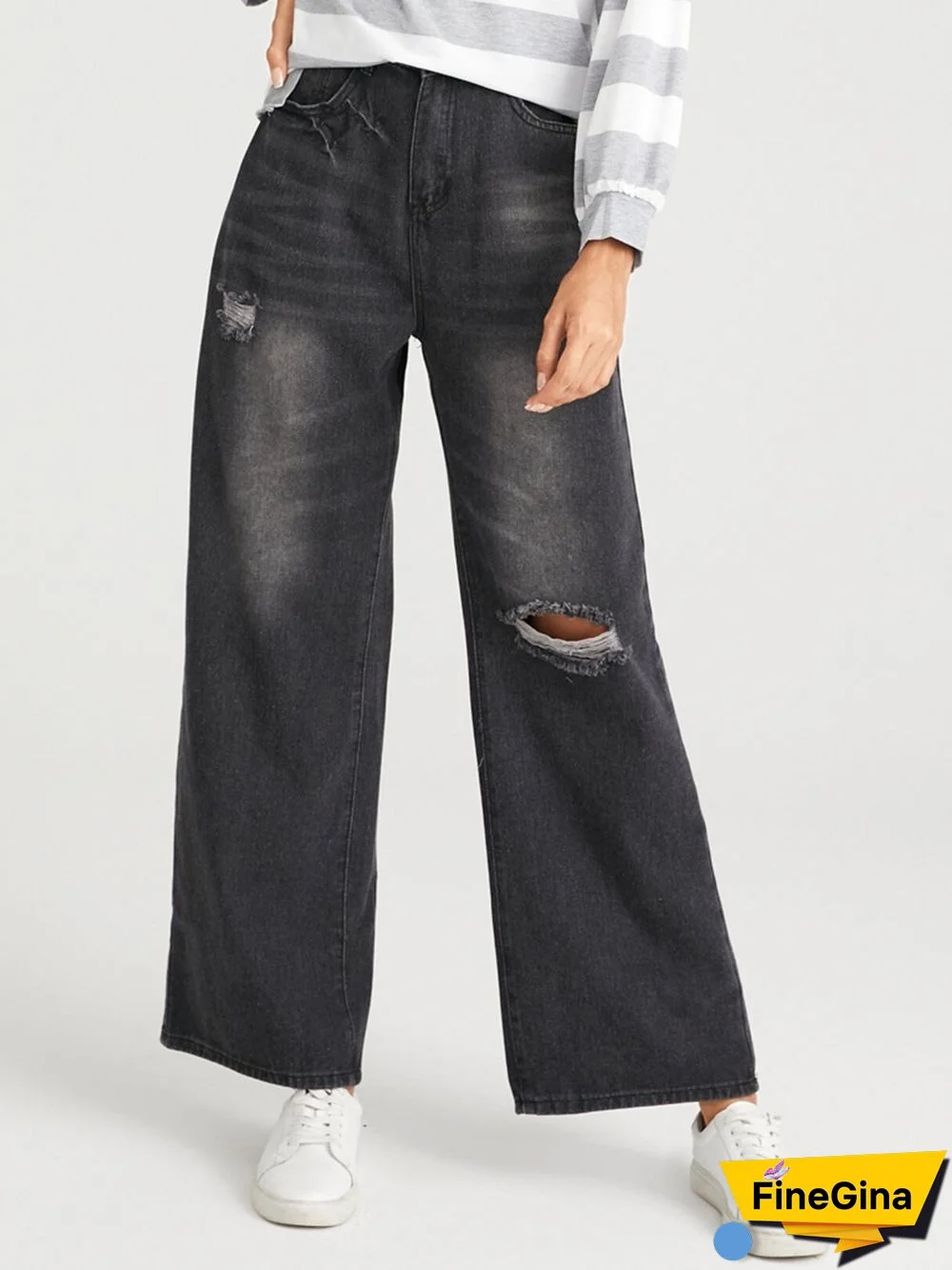 Ripped Faded Effect Washed Zipper Fly Wide Leg Jeans