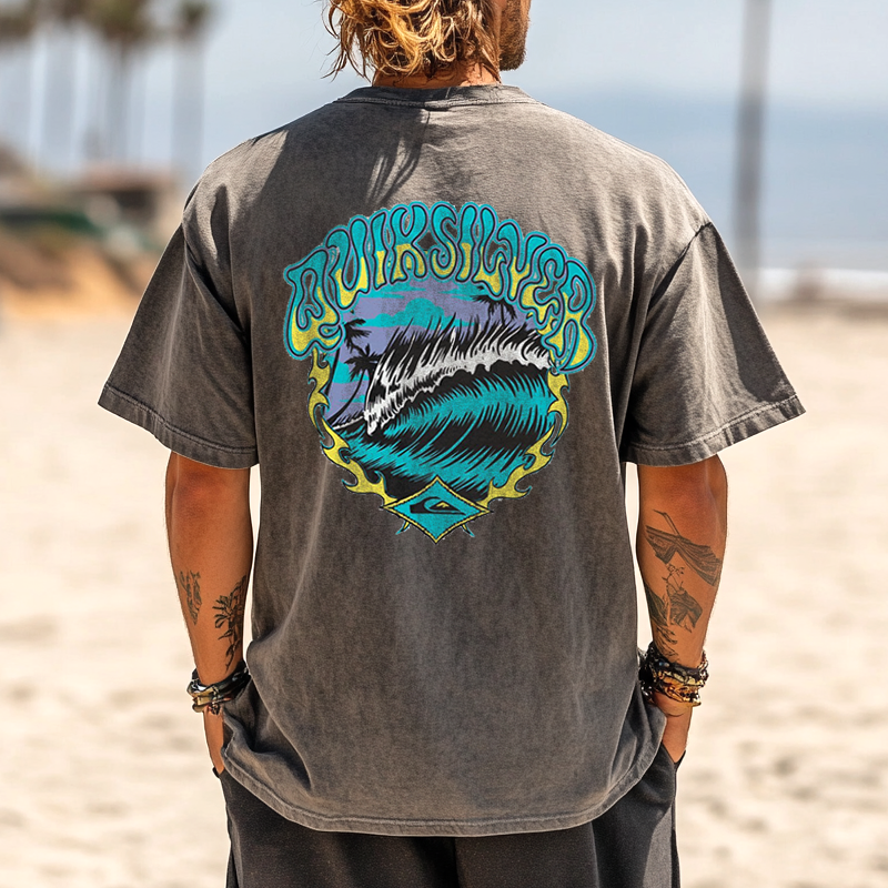 Wash Vintage Surf-Inspired Graphic T-Shirt For Men