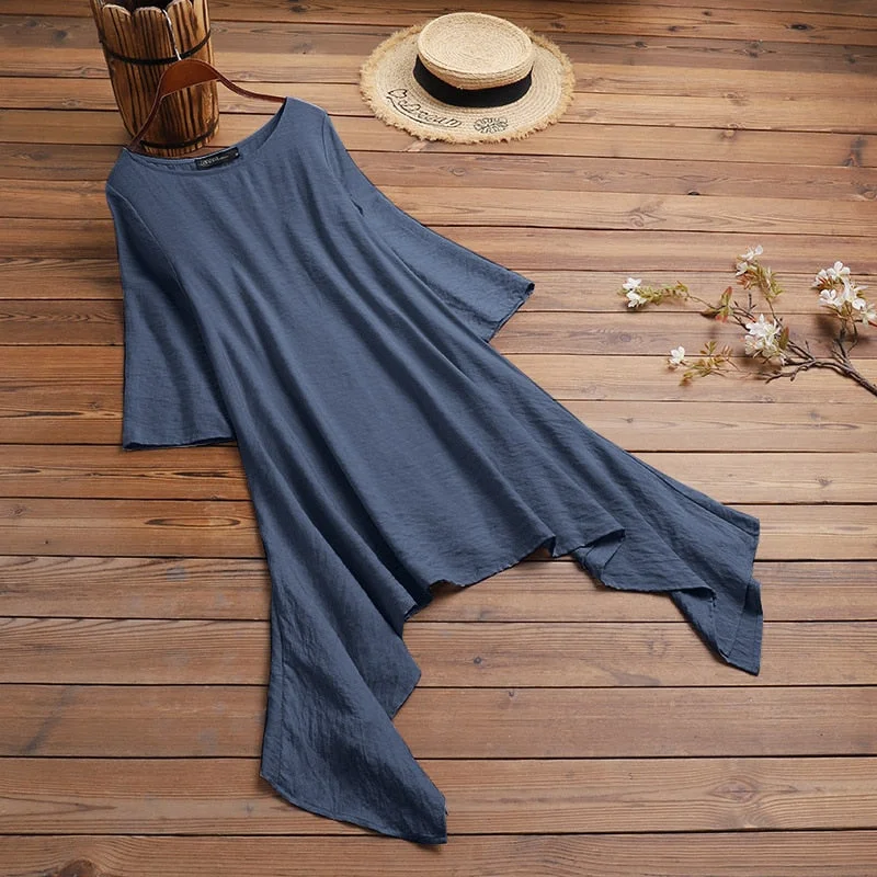 ZANZEA Fashion Autumn O Neck 3/4 Sleeve Long Shirt Women Asymmetrical Blouse Casual Solid Blusas Loose Tunic Tops Oversized