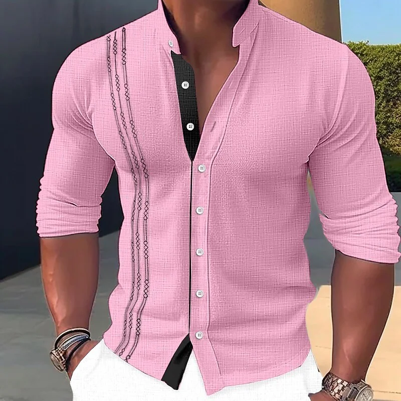 Men's Linen Long Sleeve Embroidery Standing Collar Shirt