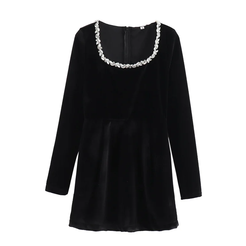 Woherb Woherb 2024 New Women's French Retro Square Collar, Long Sleeve, Slim Nail Bead And Inset Velvet Dress-Outfit Ideas