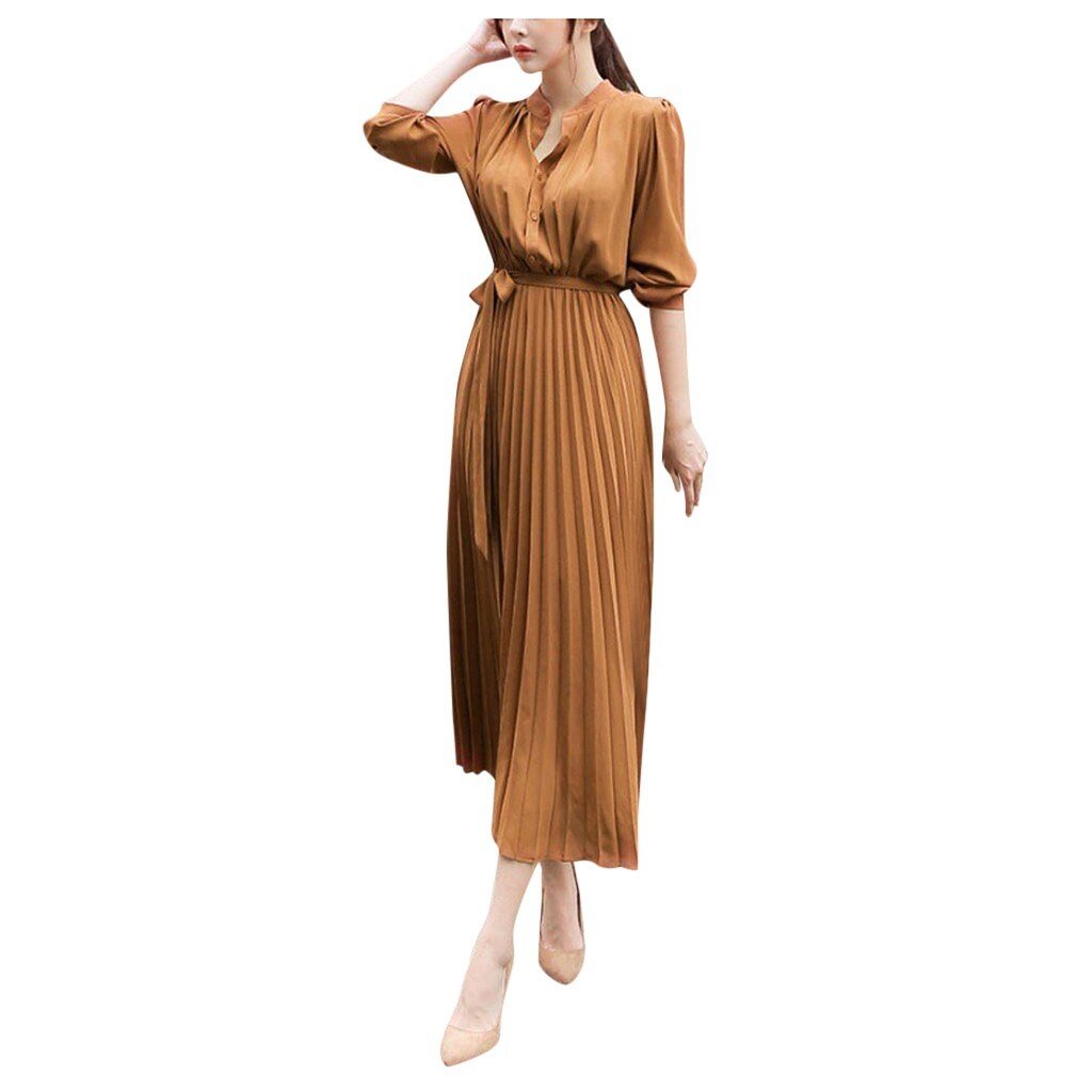 Women Plus Size Dress Loose Solid V-Neck Dress Women Long Sleeve Pleated Party Dresses Elegant Sashes Ladies Dresses ropa mujer
