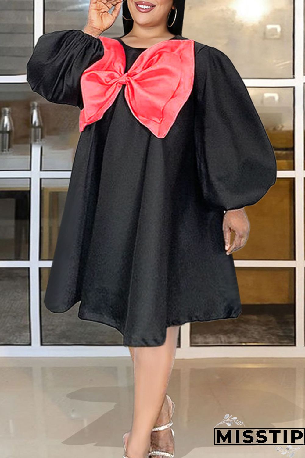 Black Casual Sweet Solid Patchwork With Bow O Neck A Line Plus Size Dresses