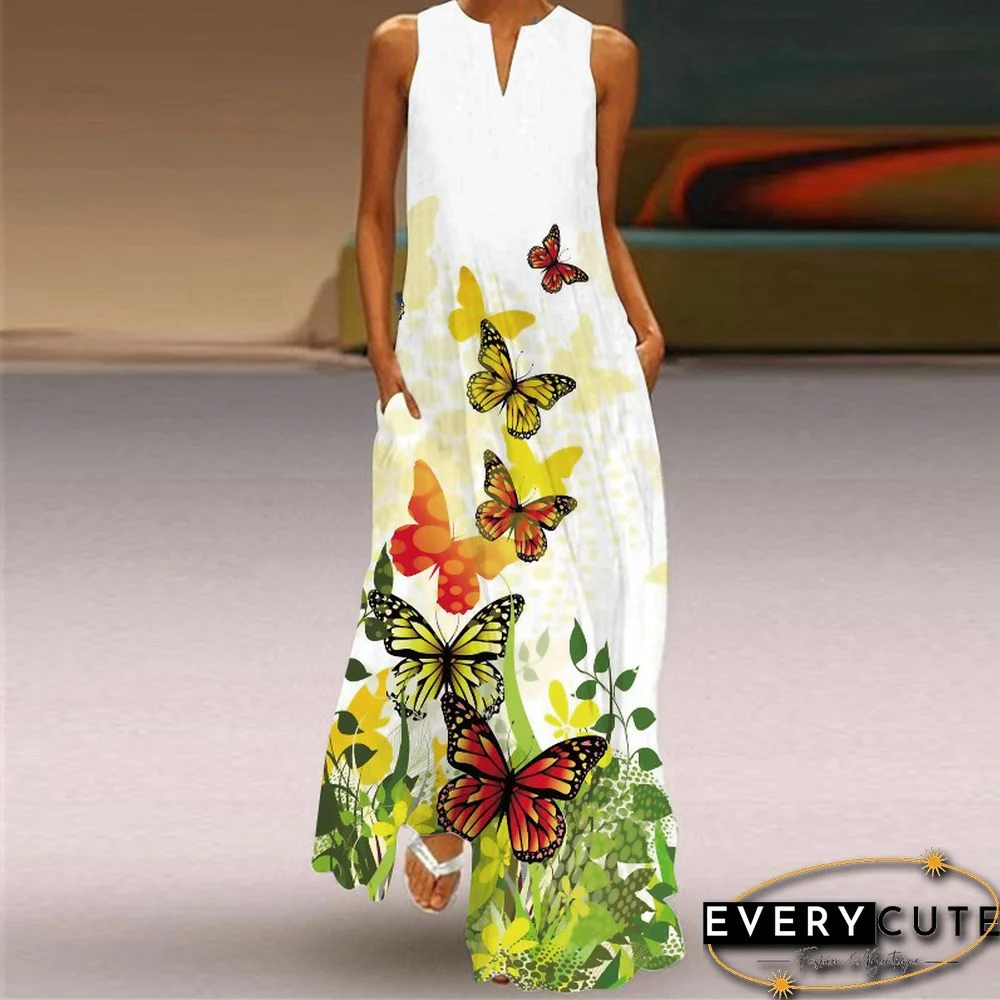 Women's Sleeveless Dress In Summer V-neck Print Dress White Dresses