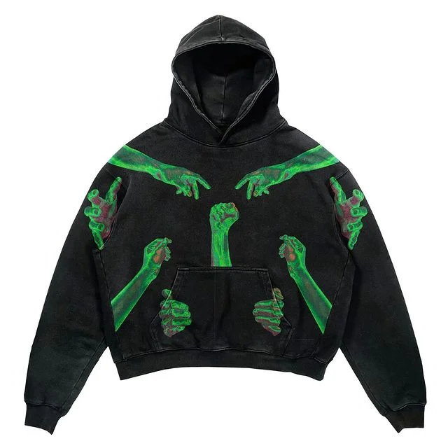 High Street Retro Print Y2k Loose Hooded Sweater Loose Jacket at Hiphopee