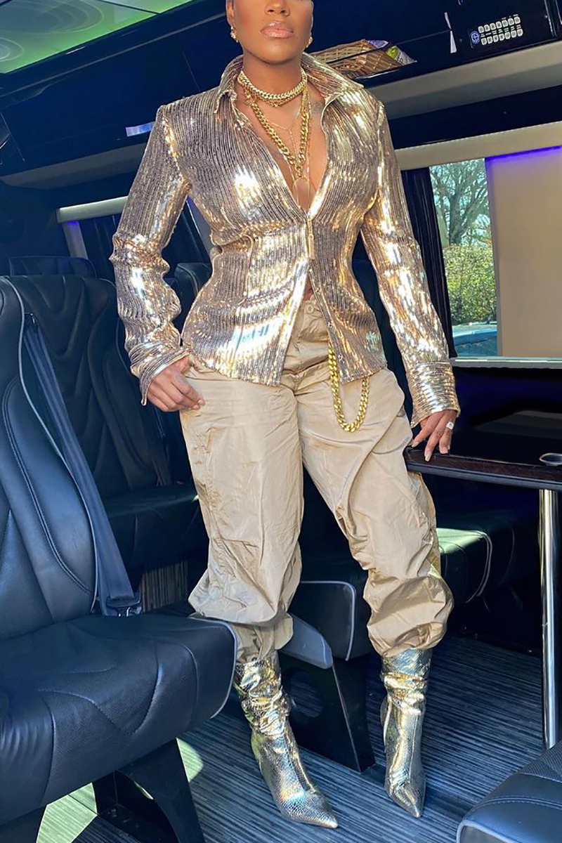 Plus Size Gold Party Sequin Shirt Collar Long Sleeve Blouses
