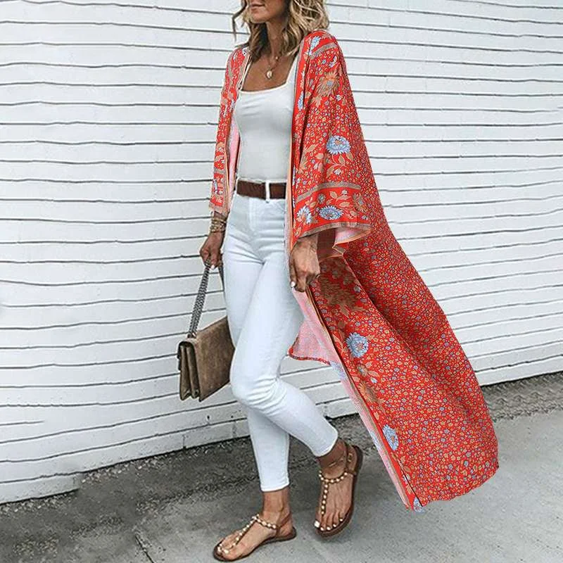Fitshinling Cotton Print Beach Kimono Cover Up With Sashes Bohemian Slim Summer Long Cardigan Oversized Bikini Outing Holiday