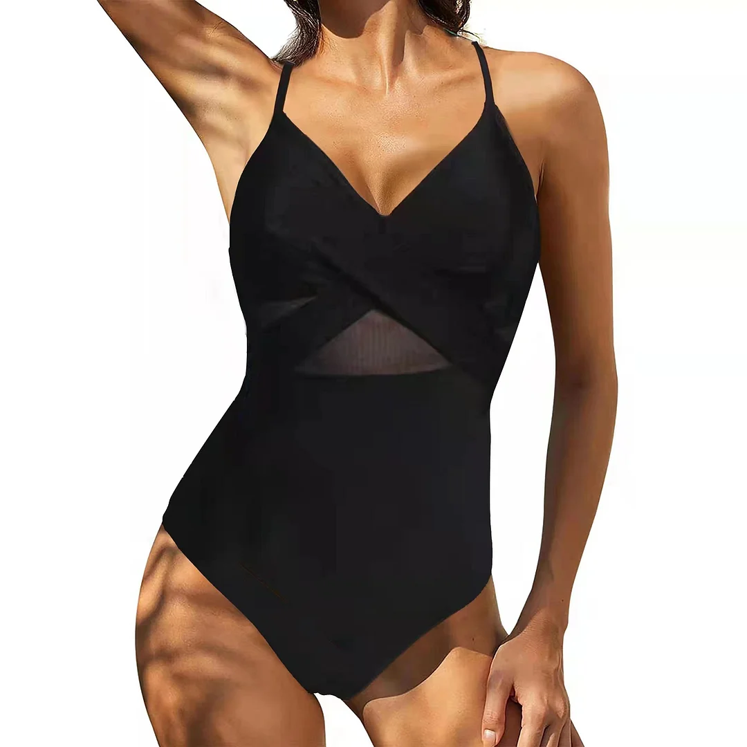 Mongw Mongw New One-Piece Swimsuit Cross Style Sexy Back Mesh Splicing One-Piece Bikini Female