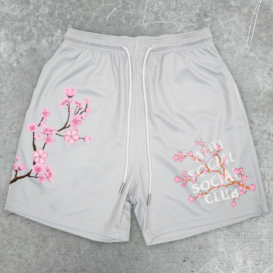 Vintage Floral Letter Graphics Mesh Shorts