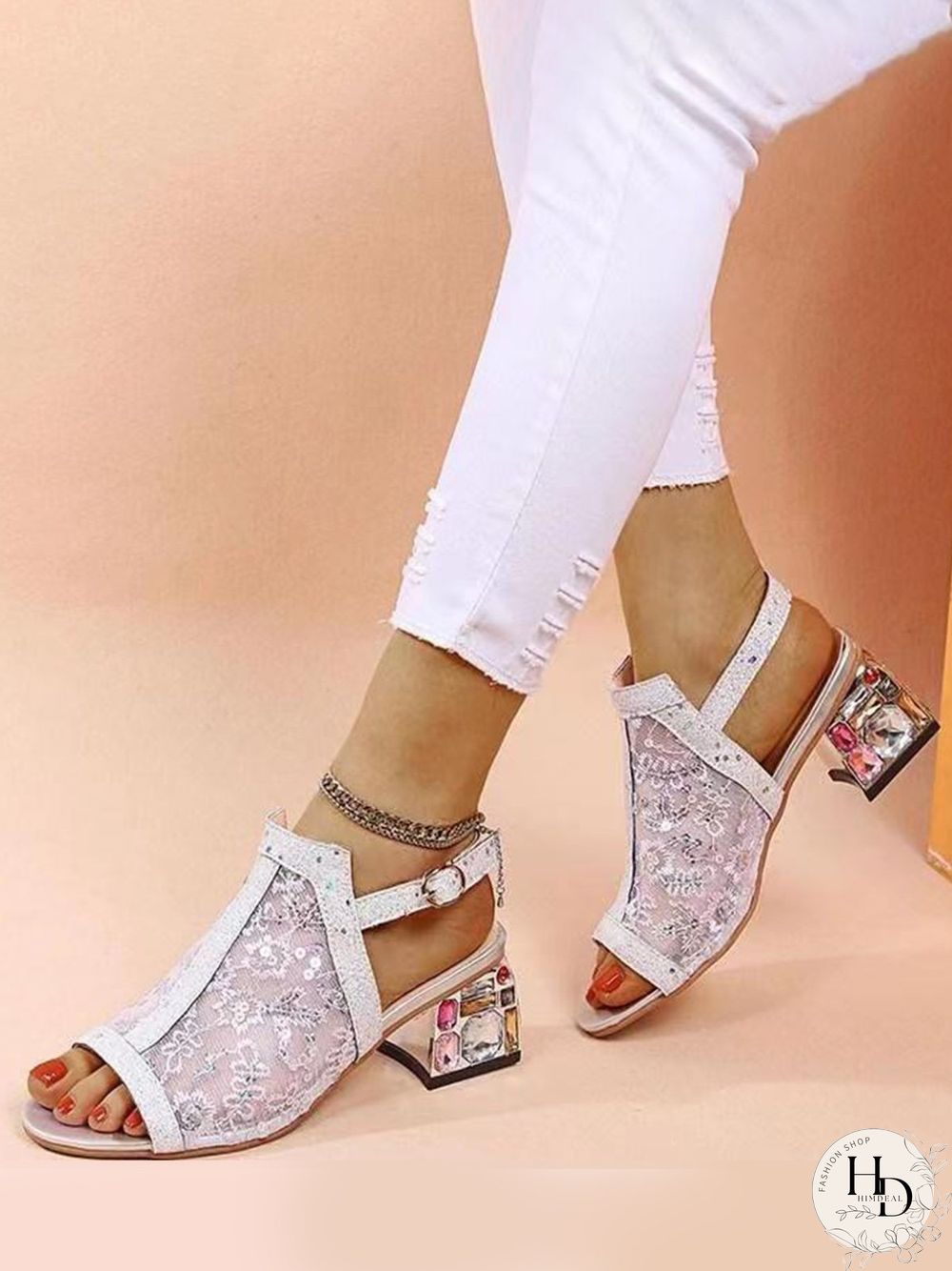 Mesh Sequined Fish Mouth Chunky Heel Sandals