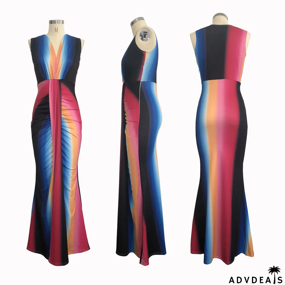 Sexy Printed Deep V Neck Maxi Dresses