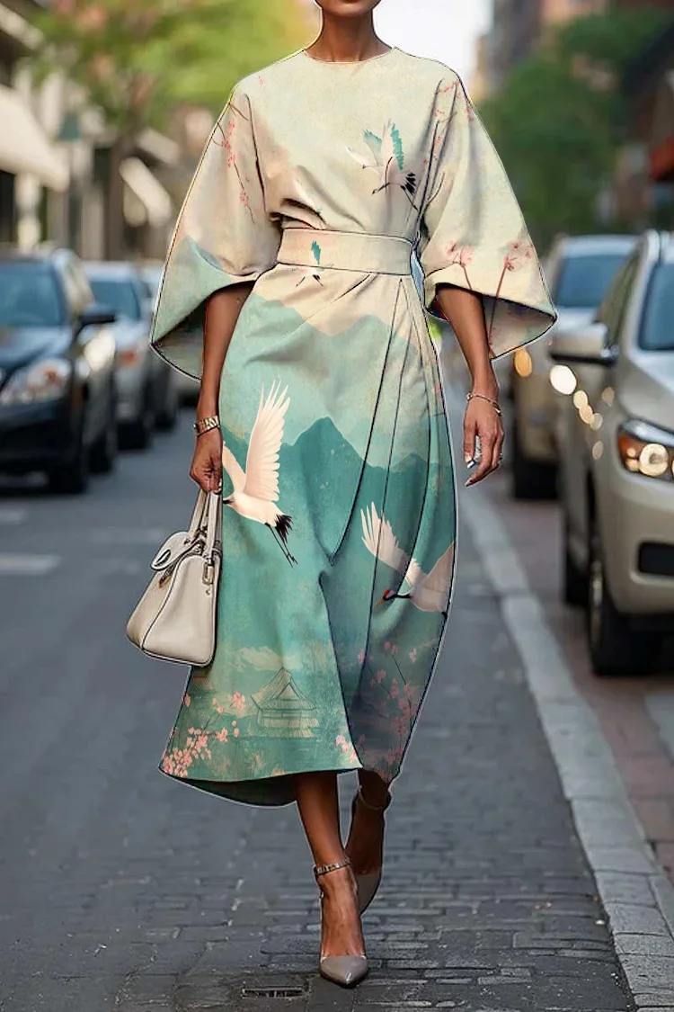 Women's Japanese Crane and Plum Blossom Art Print Midi Dress