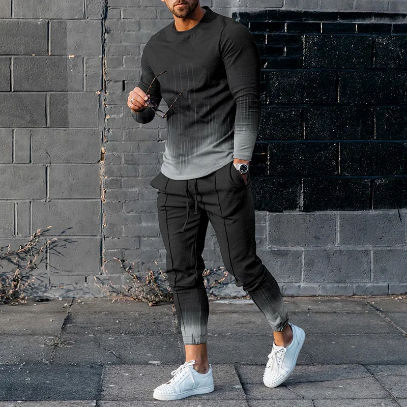Casual Black And Gray Gradient Long Sleeve T-Shirt And Pants Co-Ord