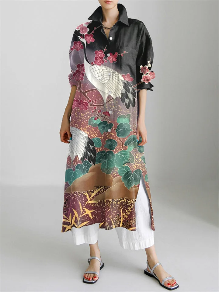 Japanese Cranes & Flowers Print Long Sleeve Slit Shirt Dress