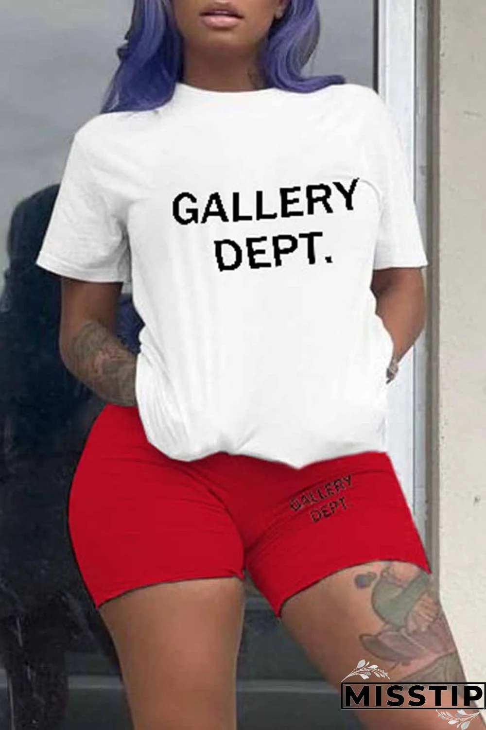 Blue Casual Print Letter O Neck Short Sleeve Two Pieces