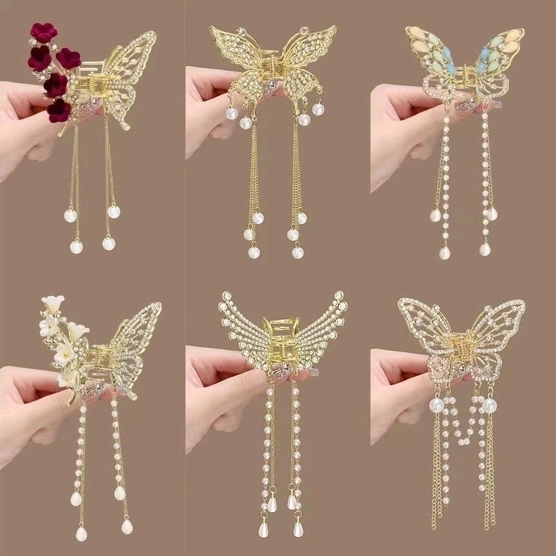 Metal Butterfly Hairpin Women's High-grade Temperament Half-tie Hair Tassel Pendant Hair Accessories New Back Head Clip