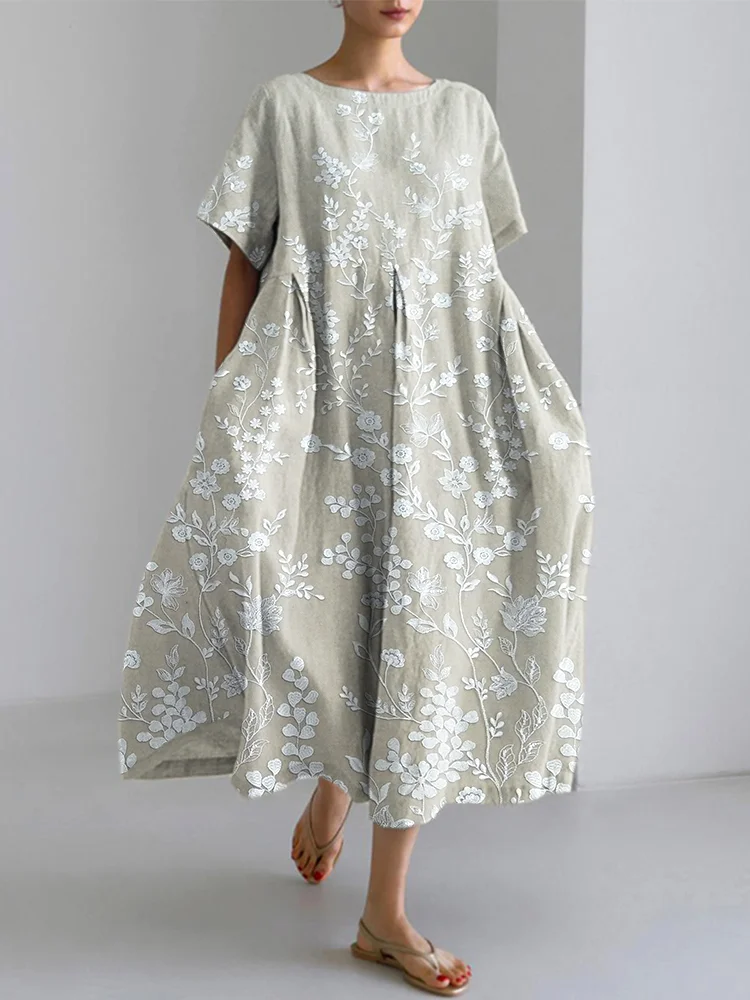 Comstylish Fashionable Lace Floral Splicing Cotton Linen Dress