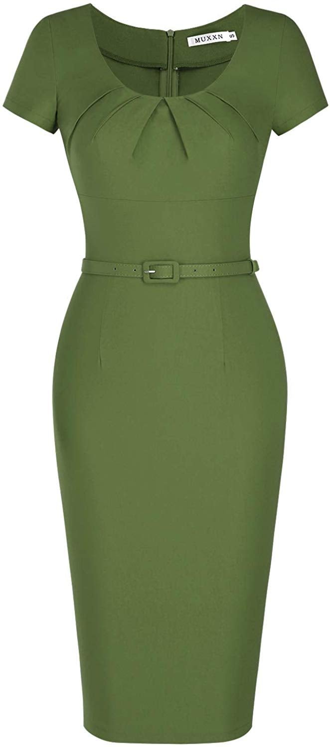 Women's 1950s Vintage Dress Short Sleeve Pleated Pencil Dress