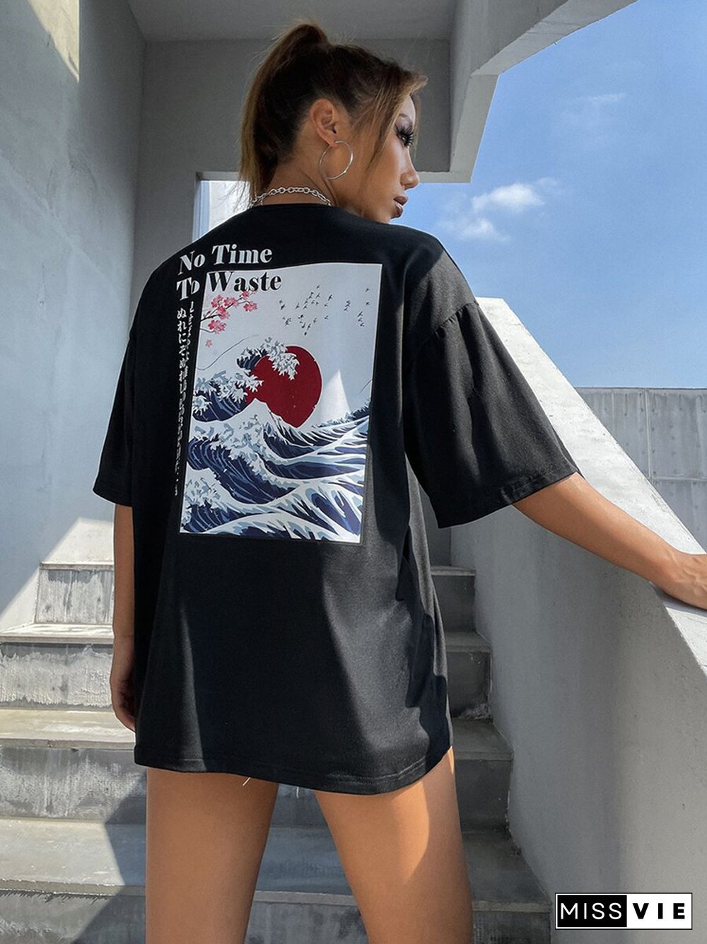Japanese Graphic FallingShoulders Street T-Shirt Women All-Match Cotton Summer Tops