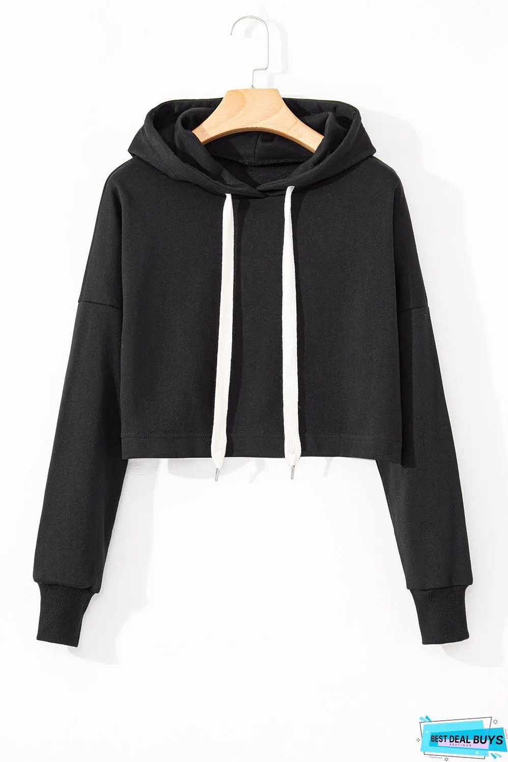 Black Solid Drop Shoulder Drawstring Cropped Hoodie