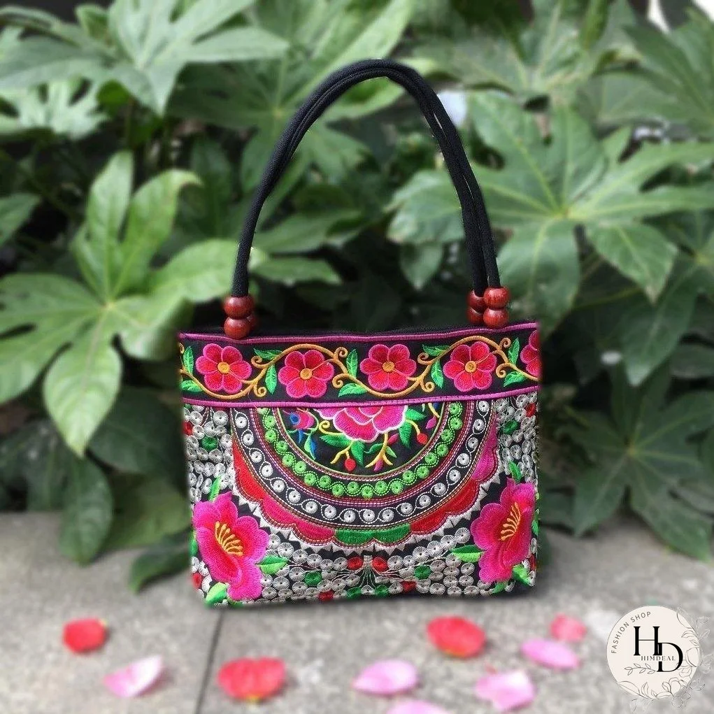 Bayberry Embroidery Ethnic Travel Women Shoulder Bags Handmade Canvas Wood Beads Handbag