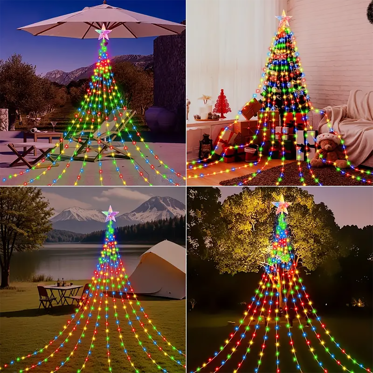 Tegooe Solar Christmas Tree Waterfall Star String Lights - 8 Modes Outdoor Decoration