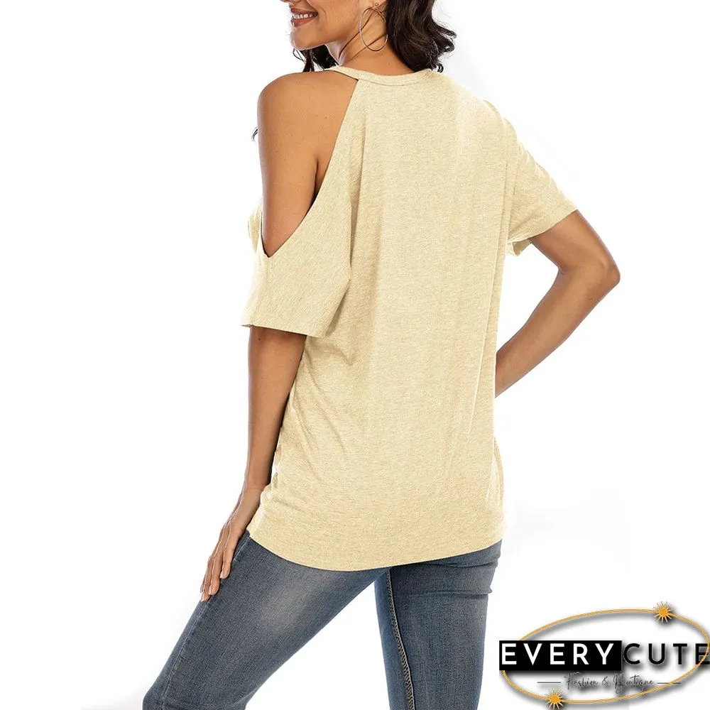Beige Cotton Blend Cold Shoulder Tops